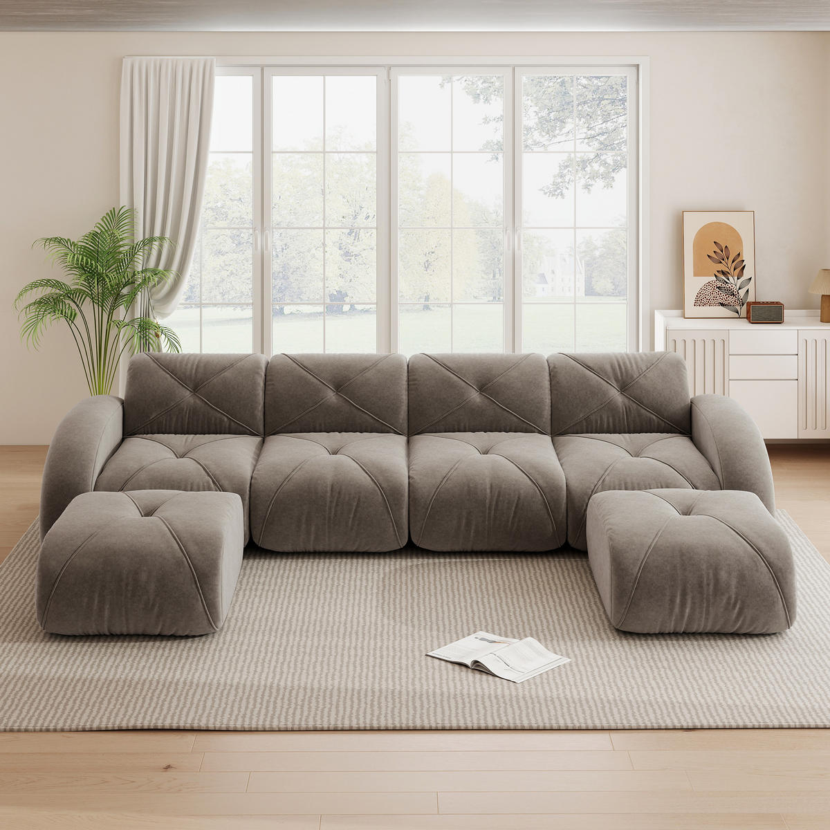 WOHNLANDSCHAFT Chenille Taupe mit 2 Hocker - Braun, Textil (358/76/171cm) - WISHDOR