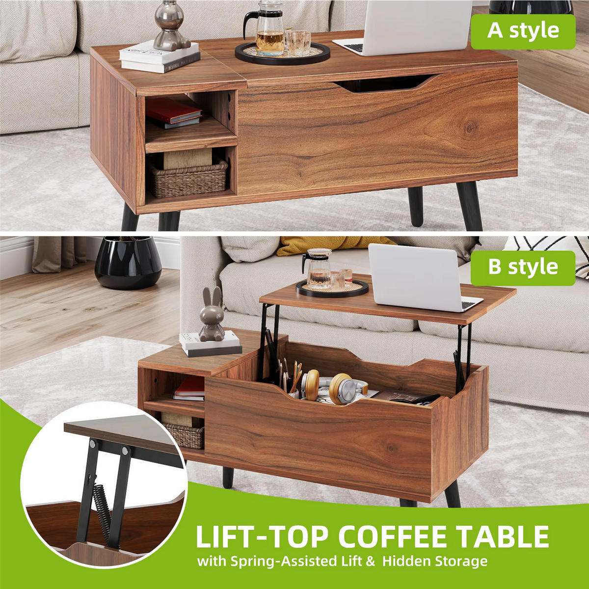 COUCHTISCH 80x61,5x40 Eiche Lift-Top Feder Stauraum - Braun, Holz (800/40/61.5cm) - Kaket