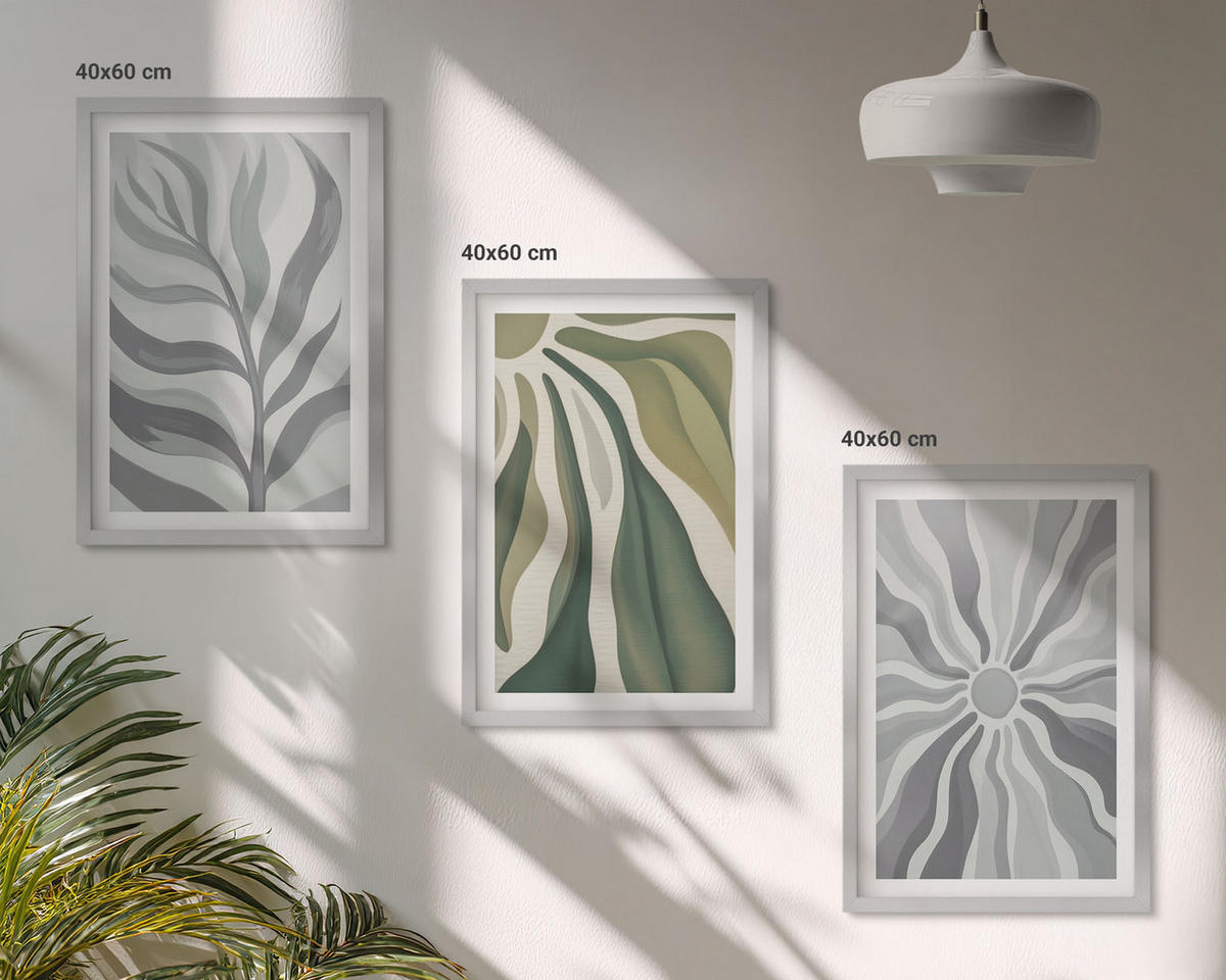 WANDBILDER 3er Set - 40x60 cm Silberner Rahmen - Pflanzenmuster in Grün - Silberfarben, Kunststoff (40/60cm) - ArtPrintCave