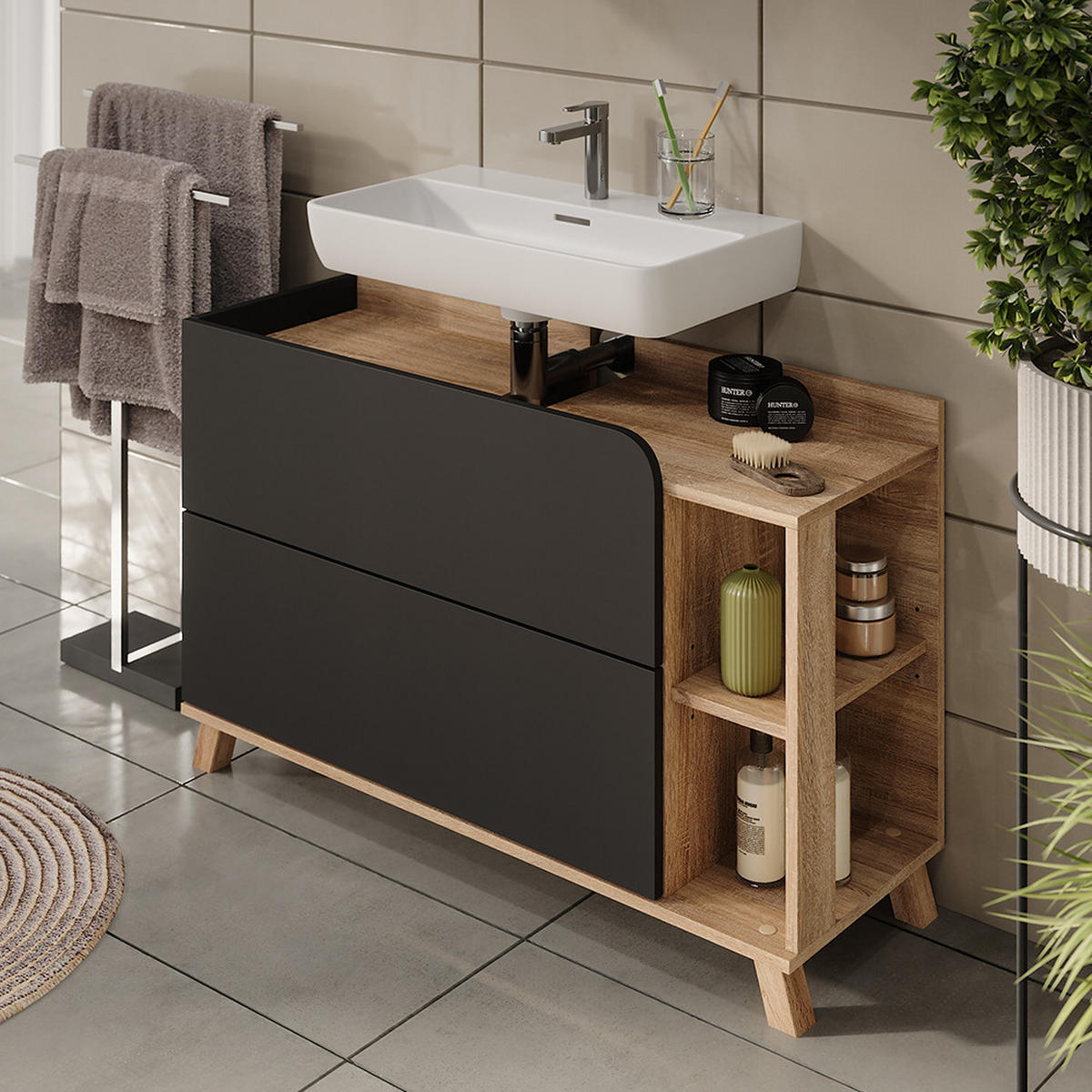 WASCHBECKENUNTERSCHRANK Karen Sonoma/Anthrazit 100 x 65 cm mit 2 Schubladen - Anthrazit, Holzwerkstoff (100/65/35cm) - Vicco