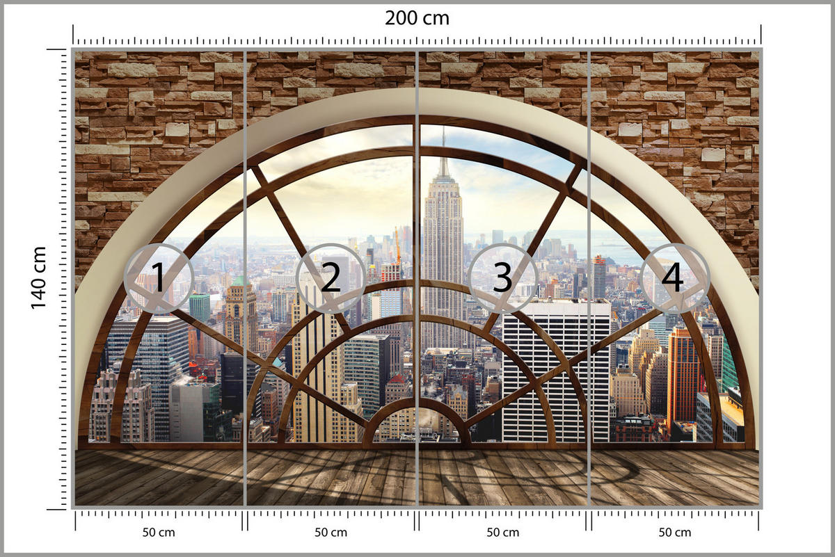 FOTOTAPETE für Wohnzimmer New York Fensterblick Panorama Stadt 200x140 - Beige/Braun, Papier (200/140cm) - Muralo