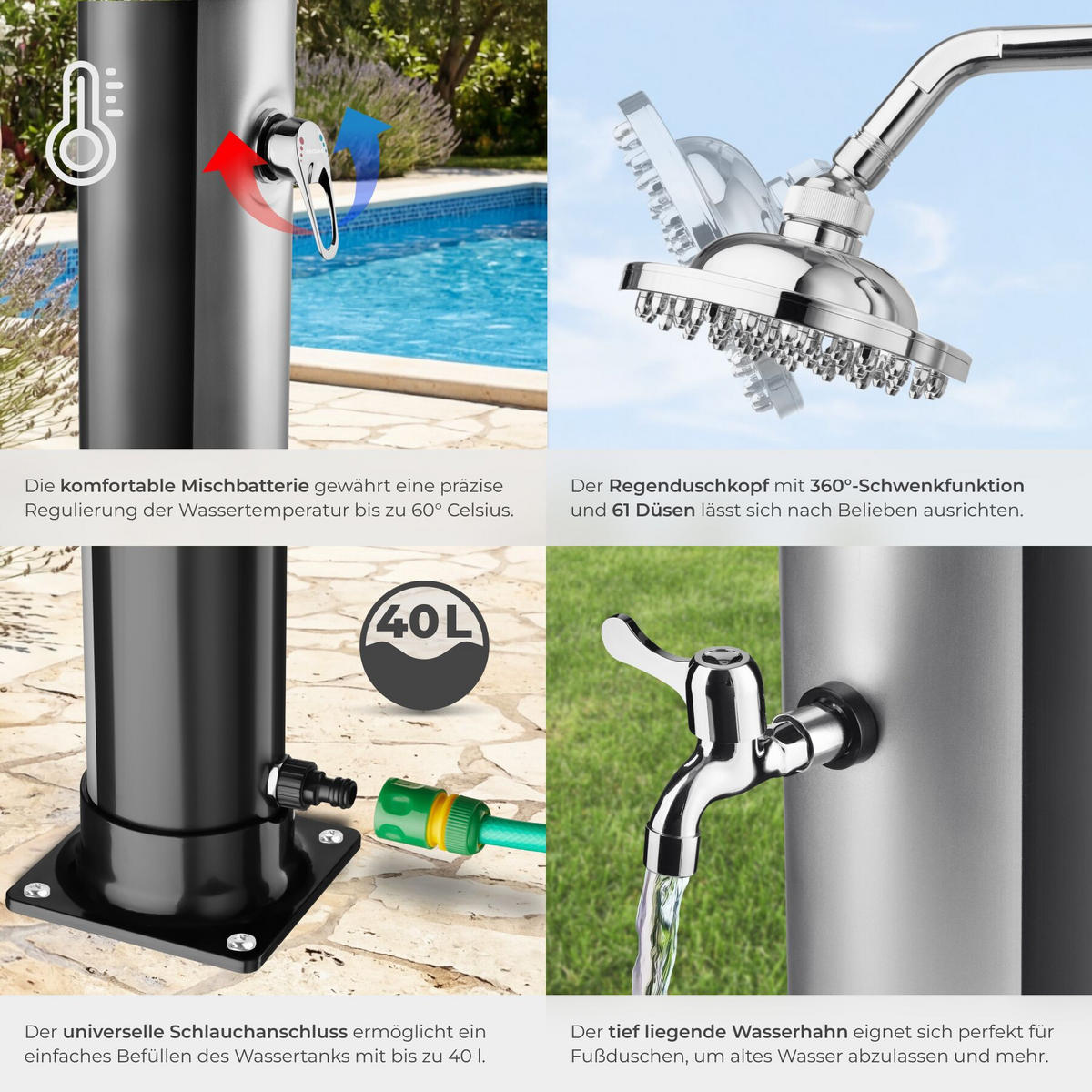 SOLARDUSCHE Orinoco, extra Wasserhahn, inklusive Schutzhülle, schwarz/silber - Silberfarben/Schwarz, Kunststoff (19.5/222/47cm) - tectake