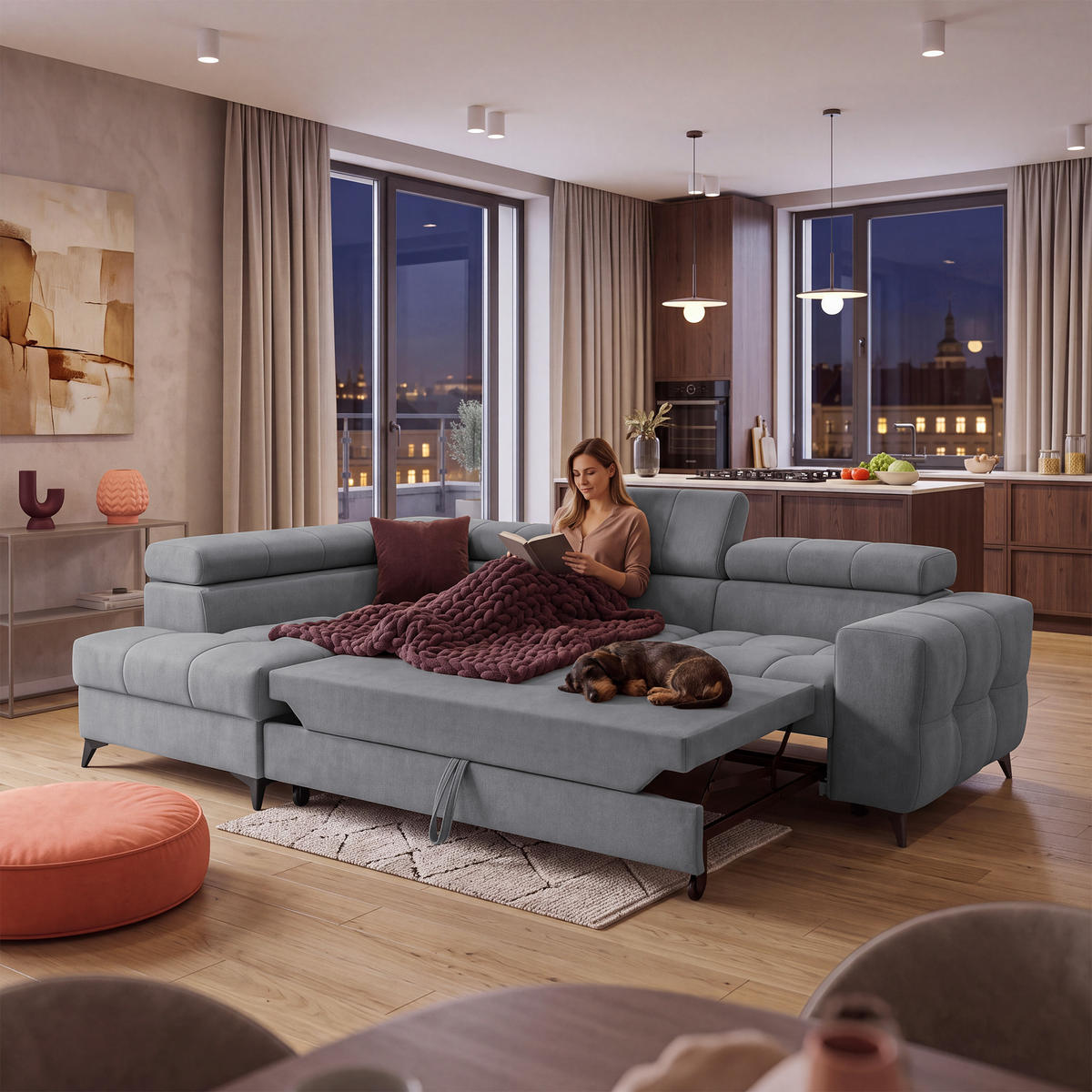 ECKSOFA PUDDING S Links mit Schlaffunktion 125x195 Velours Dunkelgrau - Dunkelgrau/Schwarz, Holz/Textil (177/275cm) - Muffo