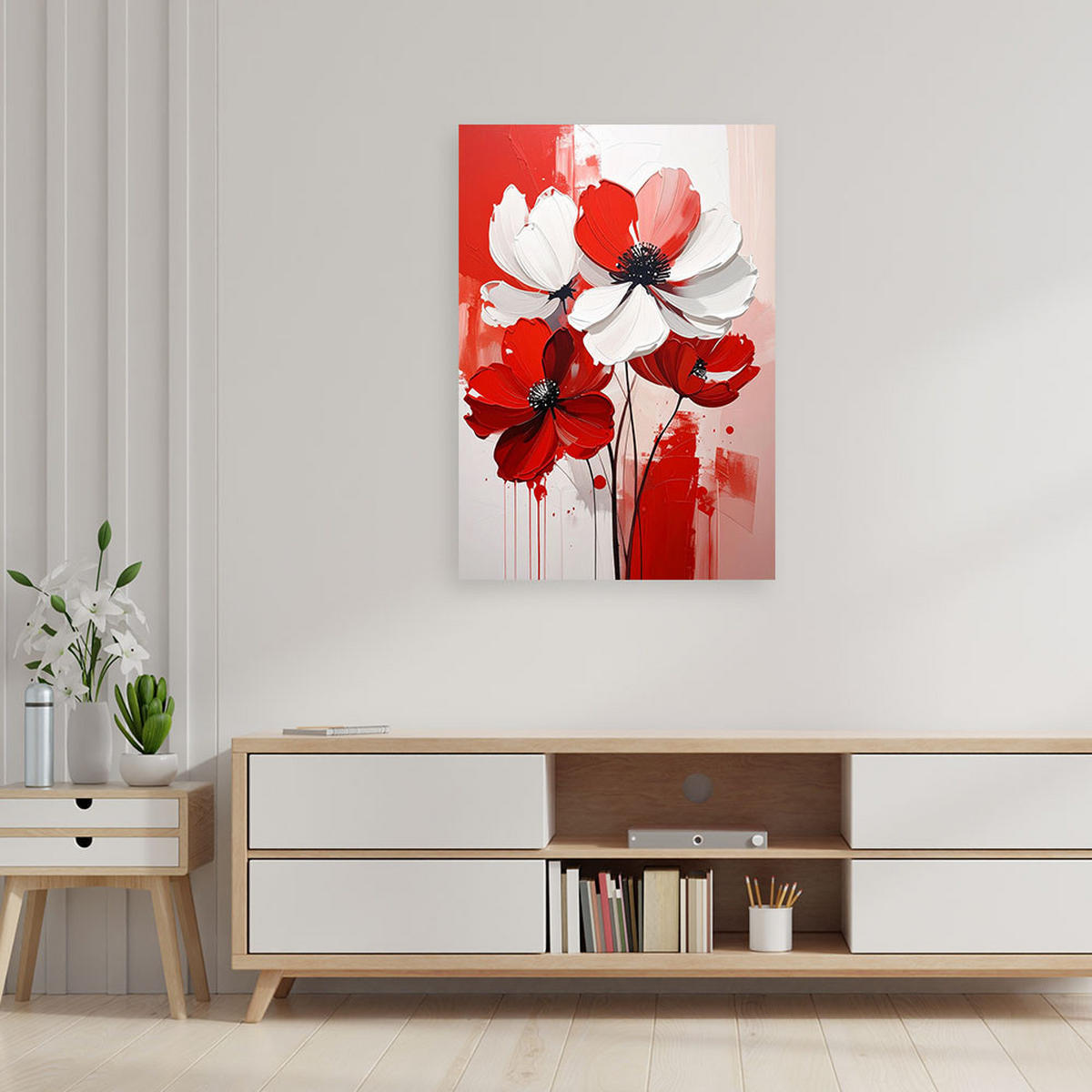 LEINWANDBILD, Weiße und rote Blüten auf leuchtend rotem Hintergrund - Rot, Textil (20/30cm) - Feeby