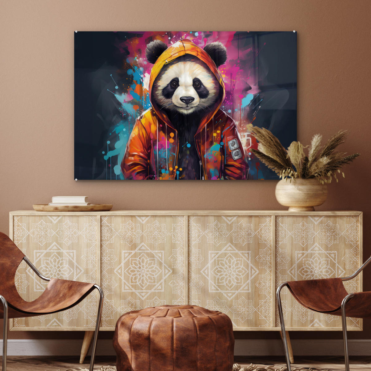 ACRYLGLASBILD Panda - Jacke - Graffiti - Orange 90x60 cm - Orange, Glas (90/60cm) - MuchoWow