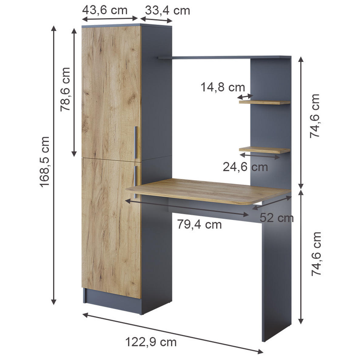 SCHREIBTISCH Tessa Anthrazit/Goldkraft Eiche 122.9 x 33.4 cm - Honigeiche/Anthrazit, Holzwerkstoff (52/122.9/168.5cm) - Vicco