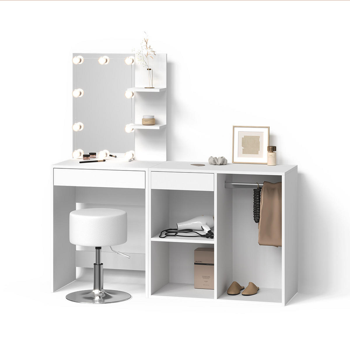 SCHMINKTISCH Nola Weiß mit LED, Hocker und Schrank - Weiß, Holzwerkstoff (140/140/40cm) - Livinity®