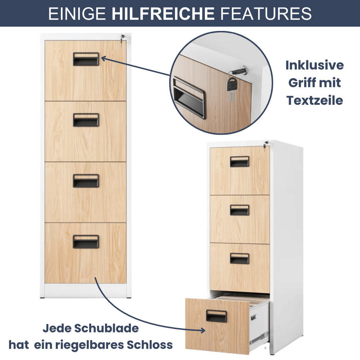 HÄNGEREGISTERSCHRANK abschließbar TION 4 Schubladen 132x46x62cm Weiß-Sonoma Eiche - Weiß, Metall (46/132/62cm) - DELUKE