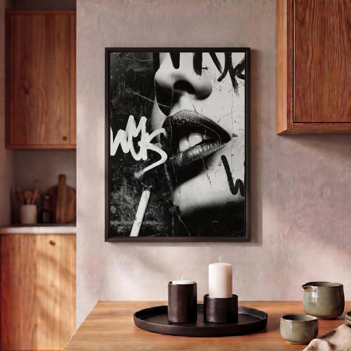 LEINWAND Bilder mit Rahmen - Gesicht - Mund - Graffiti - Schwarz - 30x40 - Schwarz, Textil (30/40cm) - MuchoWow