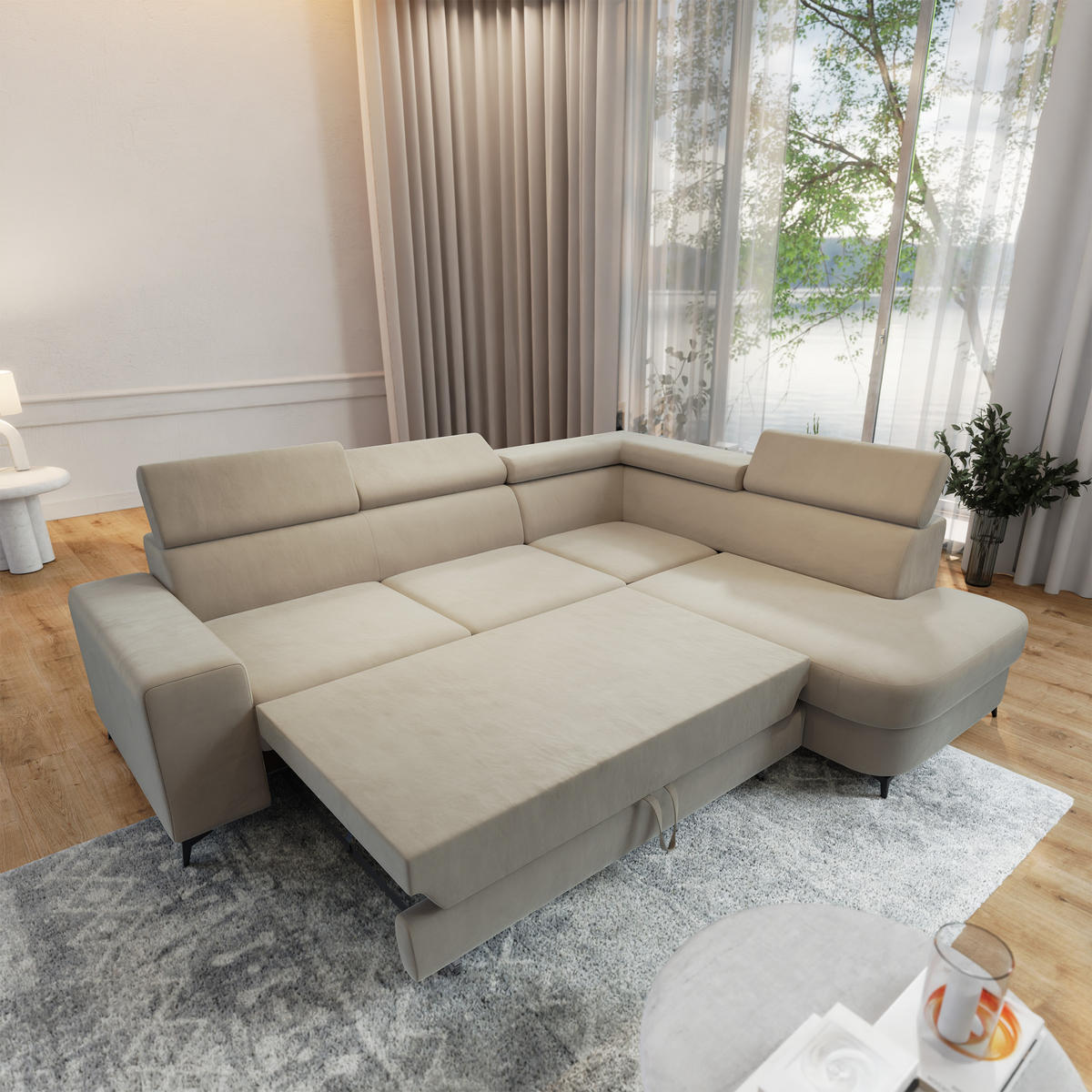 ECKSOFA ALVORO R-S Beige Velours-Stoff mit Schlaffunktion - Beige, Holz (253/190cm) - MASSENO