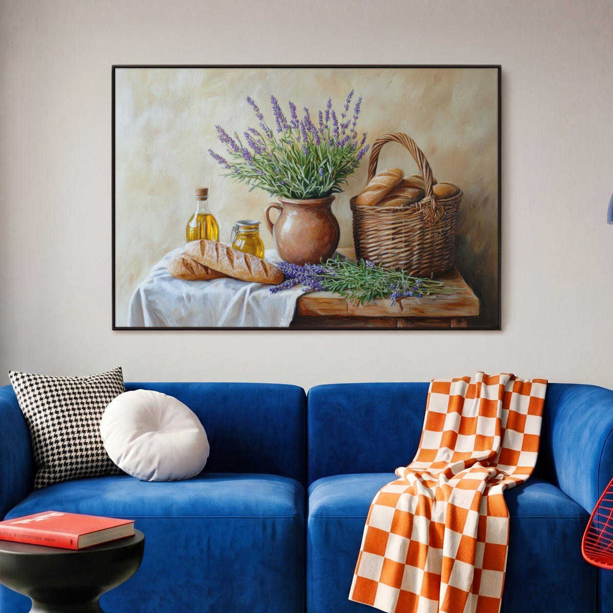 LEINWAND Bilder mit Rahmen - Lavendel - Brot - Stilleben - 90x60 - Flieder, Textil (90/60cm) - MuchoWow