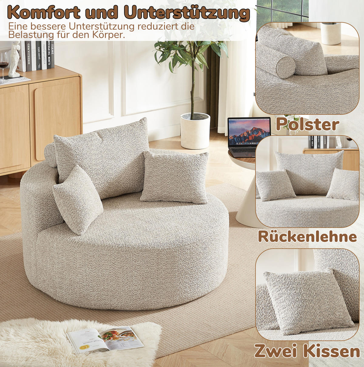 SESSEL aus Chenille Khaki ohne Montage mit Rückenlehnenkissen und zylindrischem Zusatzkissen - Sandfarben, Textil (127/85/127cm) - Modfu