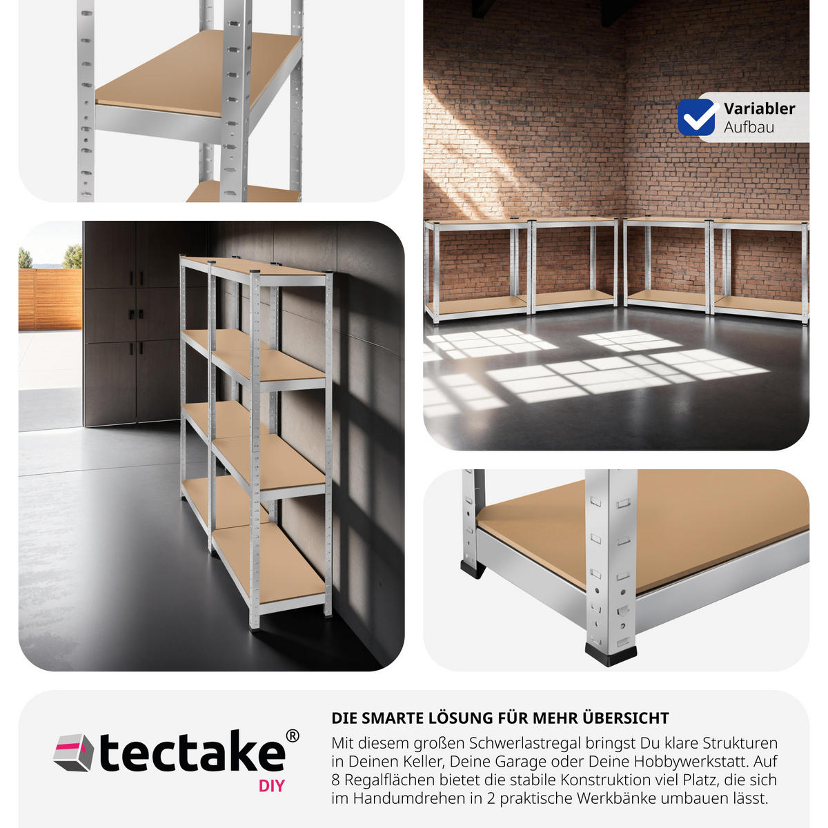 SCHWERLASTREGAL ,schnelle Montage,silber - Silberfarben, Metall (40/160/160cm) - tectake