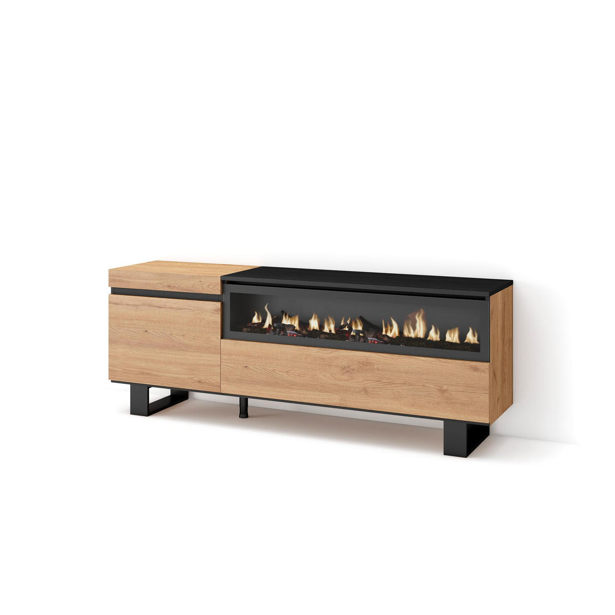 TV-SCHRANK eiche, schwarz, mit Elektrokamin, 150/35/57cm - Naturfarben, Holzwerkstoff (150/57/35cm) - Skraut Home