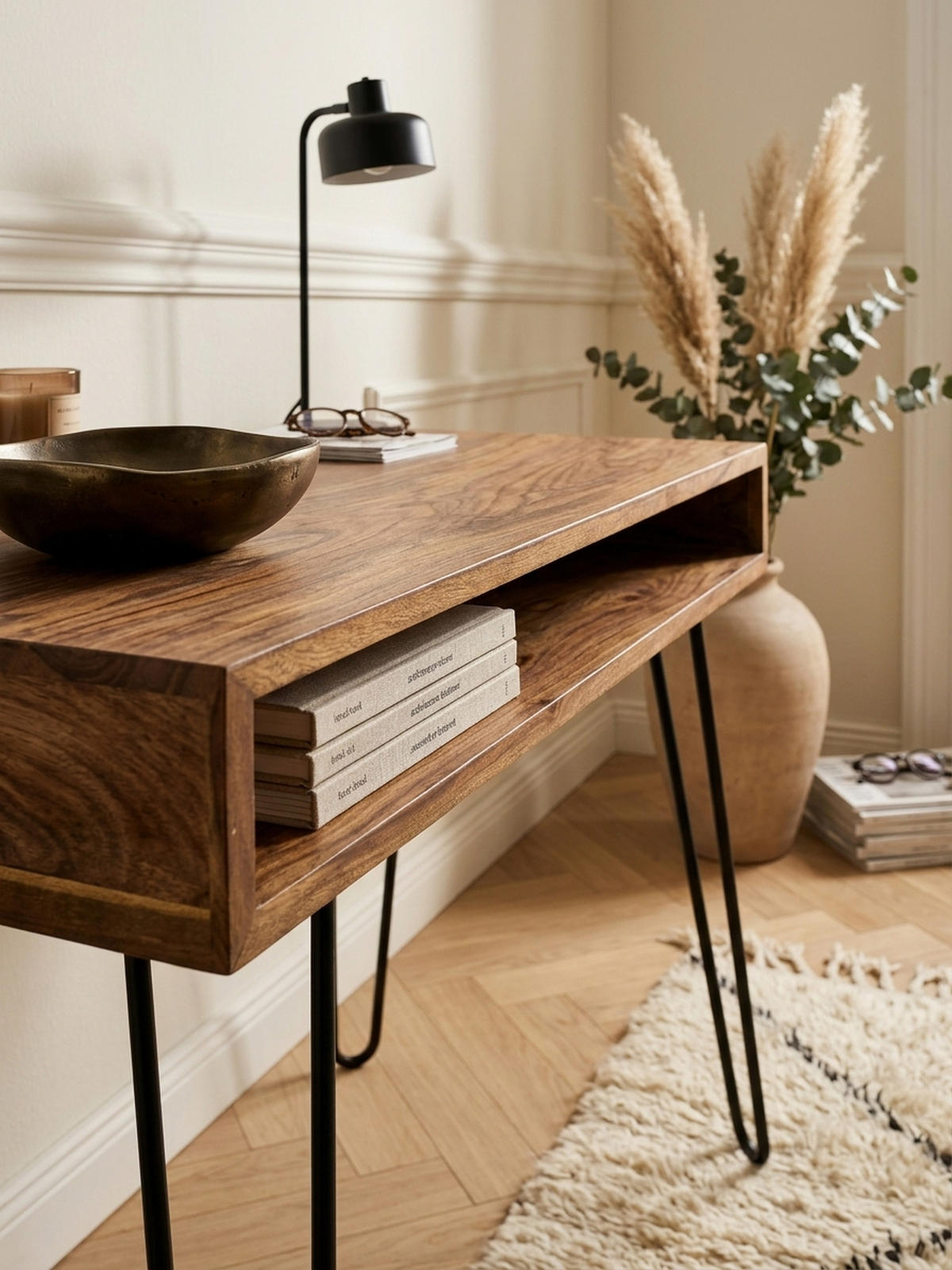 SCHREIBTISCH – Massivholz, Industrial Retro, große Platte, Haarnadelbeine - Schwarz/Braun, Holz/Metall (60/110/76cm) - KADIMA DESIGN