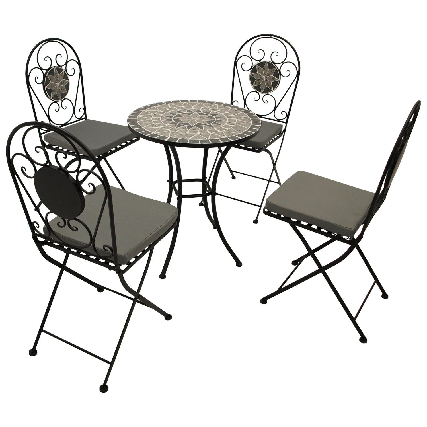 BISTROSET Derby - 5-teilig (4x Klappstuhl, 1x Tisch 60cm rund) aus schwarz pulverbeschichtetem Eisen - Grau, Metall - TPFGarden
