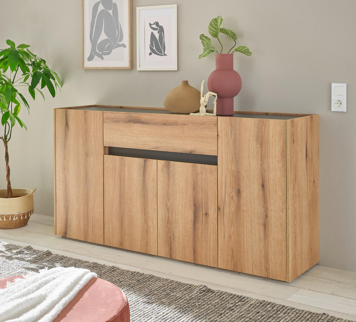 SIDEBOARD Eiche Evoke, grau 170 cm, Kommode 4-türig - Eichefarben/Schwarz, Holz/Holzwerkstoff (170/87/40cm) - Furn.Design