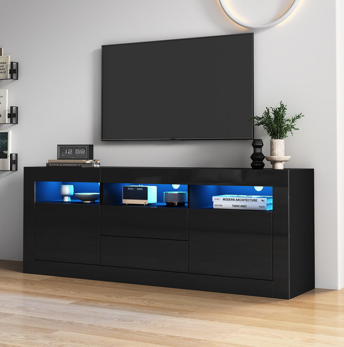 TV-SCHRANK aus Spanplatte 160x35x60 cm Schwarz mit LED-Beleuchtung, App-Steuerung und viel Stauraum - Schwarz, Holzwerkstoff (160/60/35cm) - Modfu