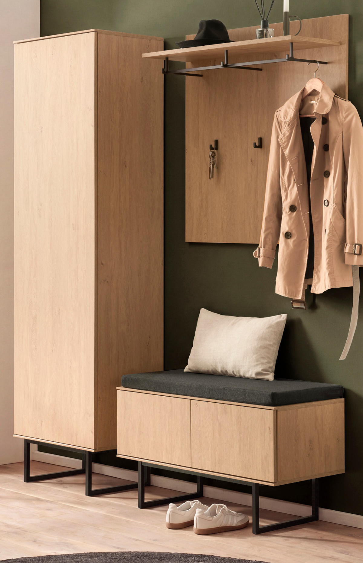 GARDEROBE-SET Stone Eiche 4-teilig 158 cm, Set mit viel Stauraum - Eichefarben/Schwarz, Holzwerkstoff/Metall (158/200/40cm) - Furn.Design
