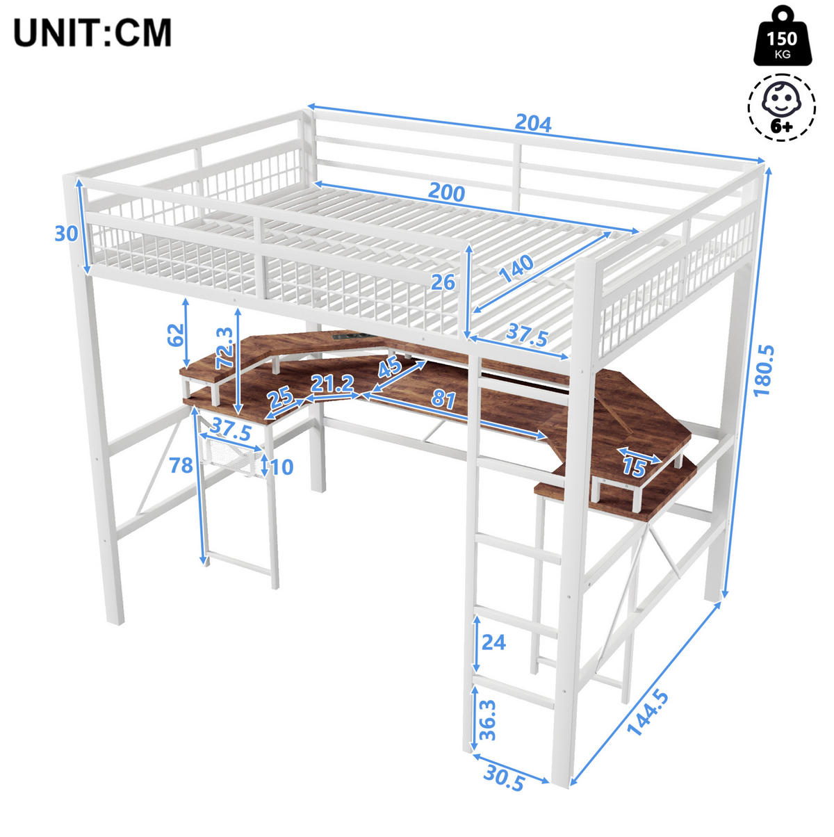 HOCHBETT mit Schreibtisch 140/200 cm in Weiß – mit LED, Leiter und Steckdosen - Weiß, Metall (140/200cm) - BEAOK