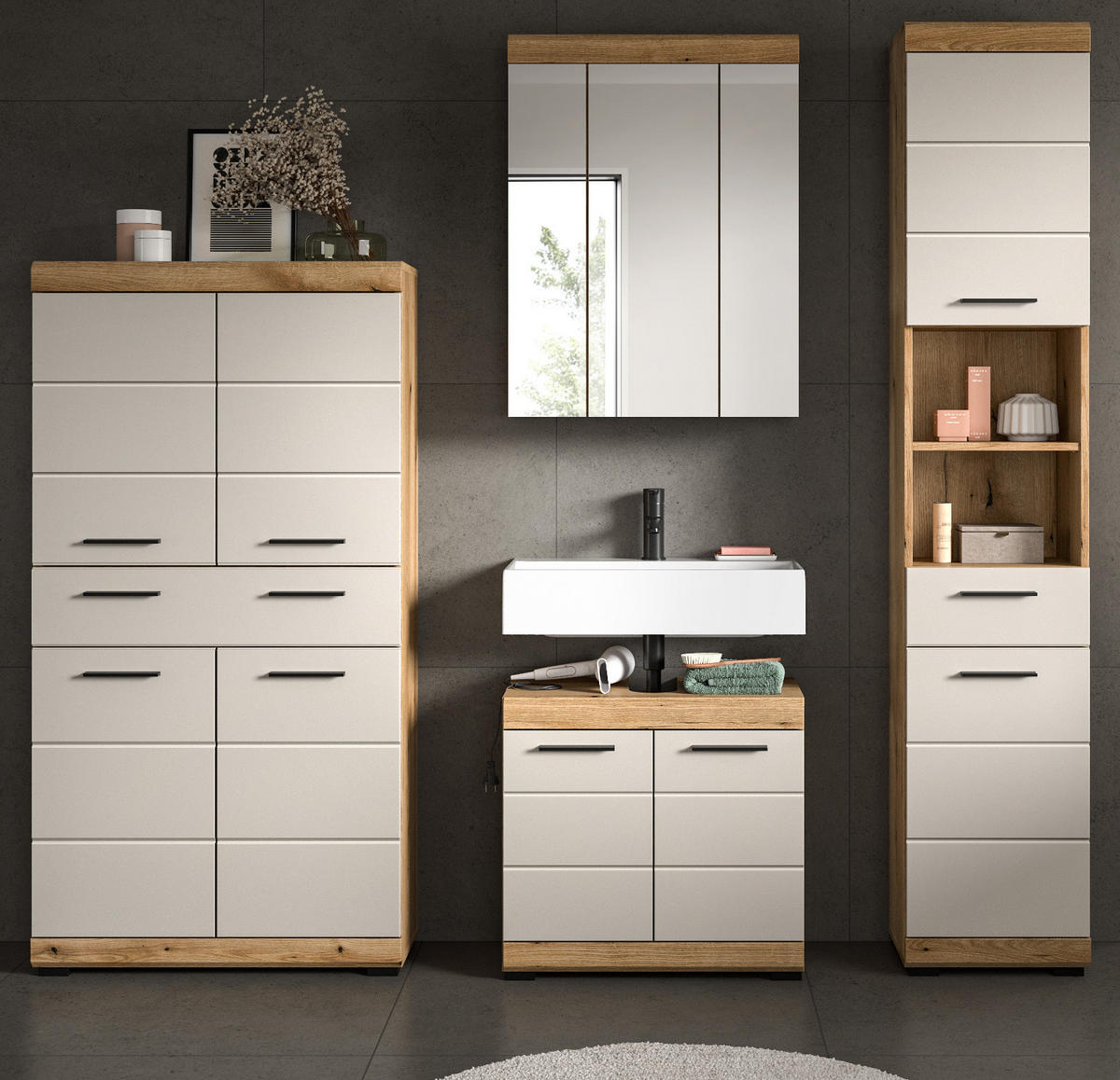 BADMÖBEL-SET Sand Kashmir, Evoke Eiche 4-teilig, Badkombination 201 cm - Kaschmir/Eichefarben, Glas/Holzwerkstoff (201/191/34cm) - Inn.Furn