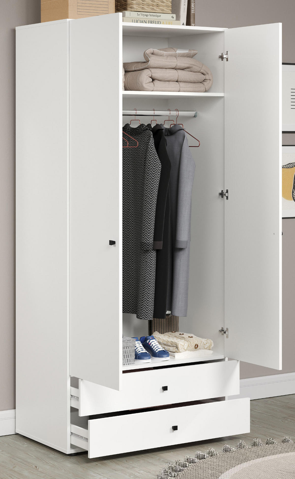 KLEIDERSCHRANK weiß 81 x 176 cm, Drehtürenschrank 2-türig mit Schubalden - Schwarz/Weiß, Holzwerkstoff/Kunststoff (81/176/51cm) - Top.Furn