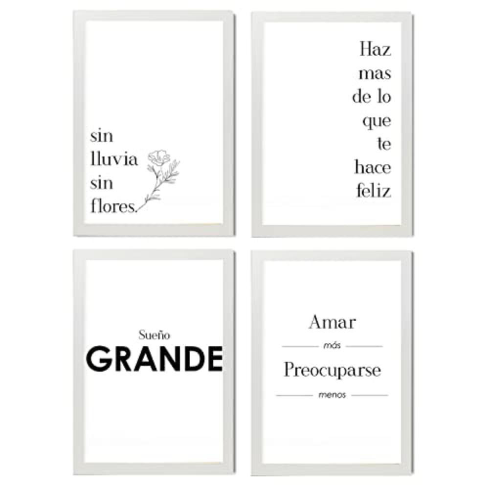 POSTER Set mit 4 Glücklich TypografieStil A4 Weißer Rahmen - Weiß, Papier (29.7/3cm) - Nacnic