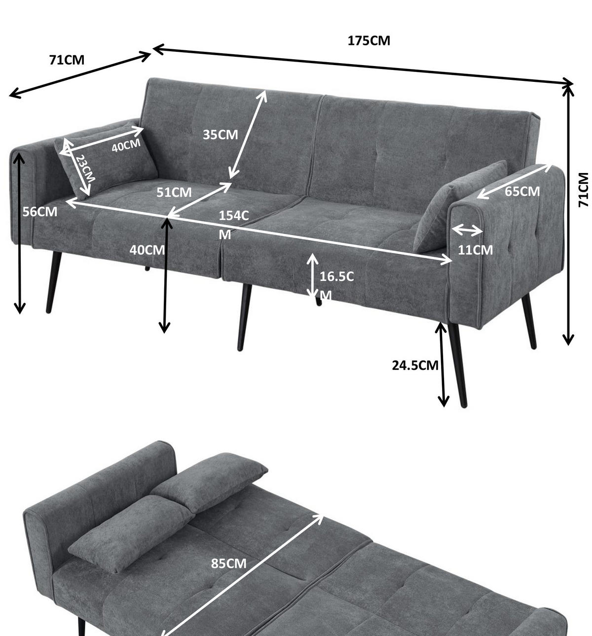 SCHLAFSOFA mit verstellbarer Rückenlehne Stoff Grau - Grau, Holzwerkstoff (175/71/71cm) - Meubliv