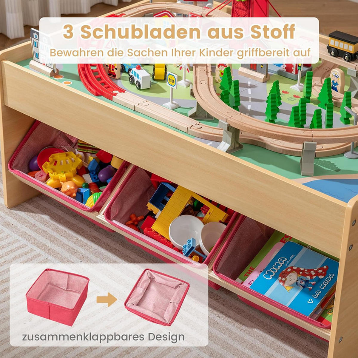 EISENBAHN‑SET aus Holz natur(94-tlg) - Naturfarben, Holzwerkstoff (92/40/64cm) - COSTWAY