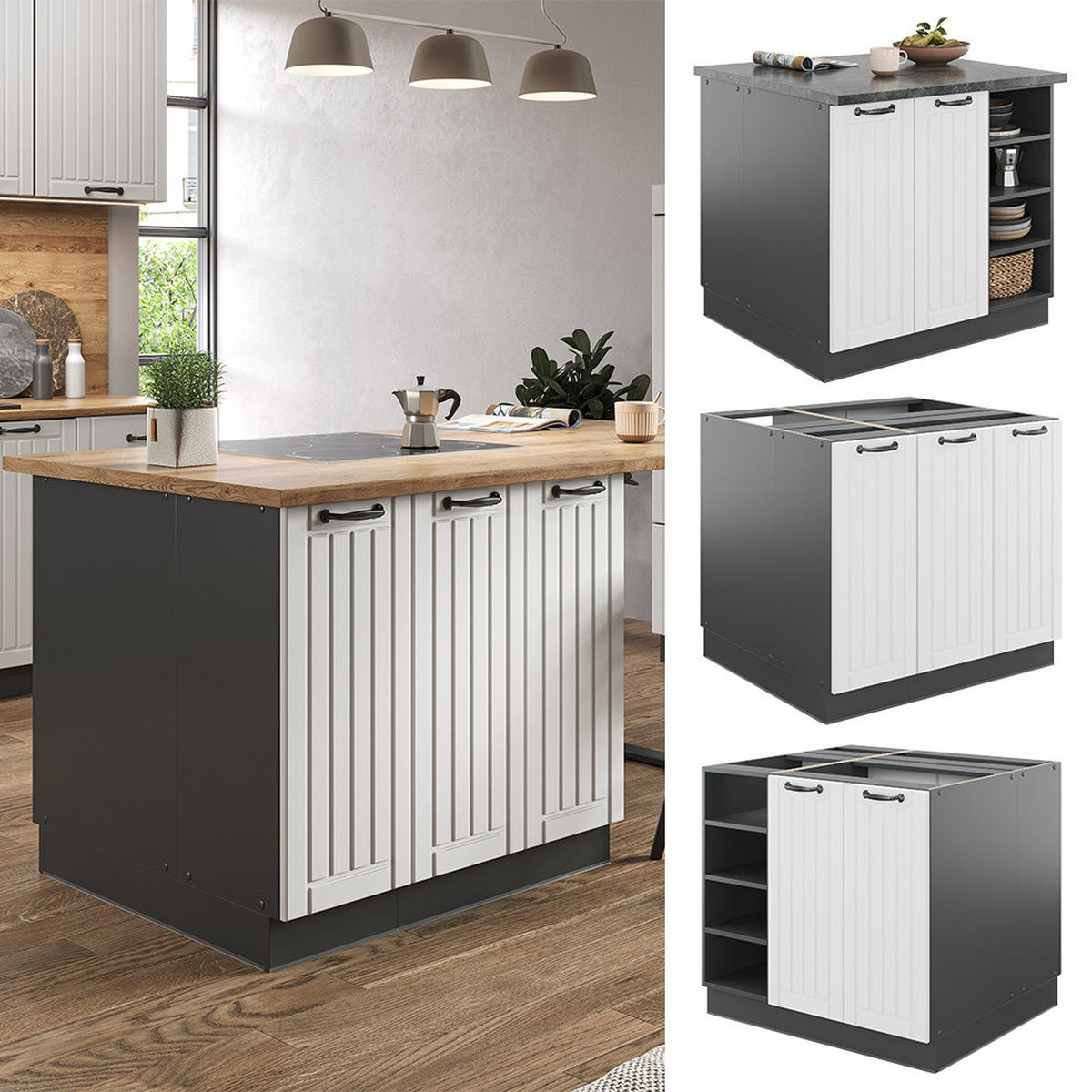 KÜCHENINSEL Fame-Line Weiß Landhaus/Anthrazit 90 cm ohne AP - Anthrazit/Creme, Holzwerkstoff (90/82/82cm) - Vicco