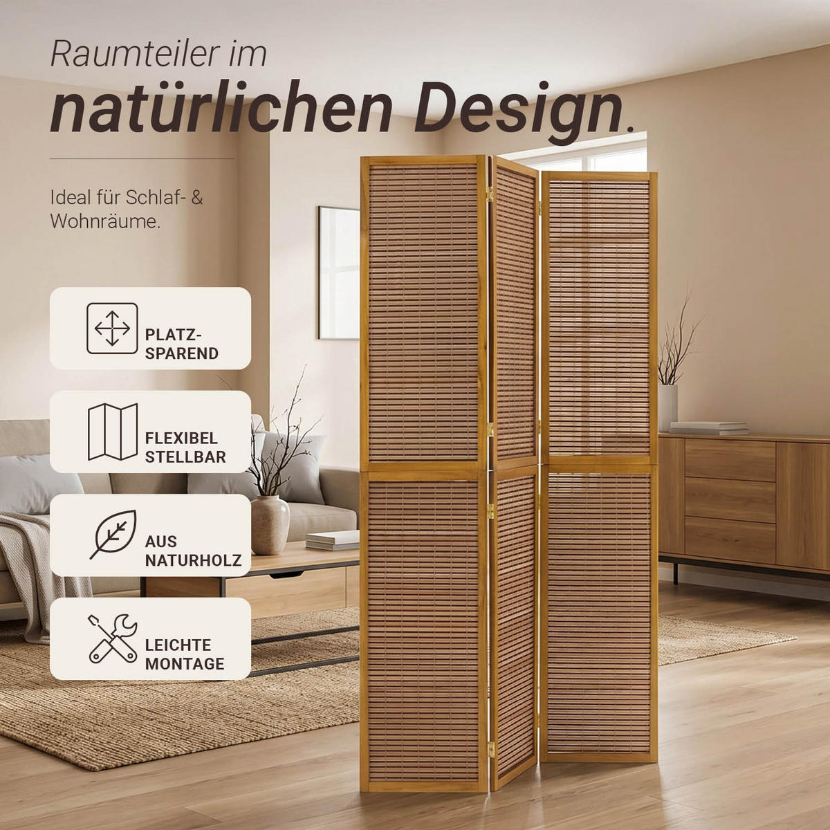 PARAVENT 3-tlg. 132/175 cm Braun Bambuslamellen - Braun, Holz (132/175/2cm) - Homestyle4u