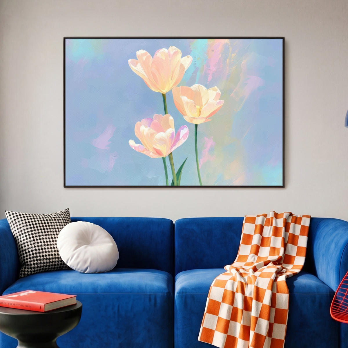 LEINWAND Bilder mit Rahmen - Tulpen - Rosa Akzente - Blau - 90x60 - Pastellblau, Textil (90/60cm) - MuchoWow