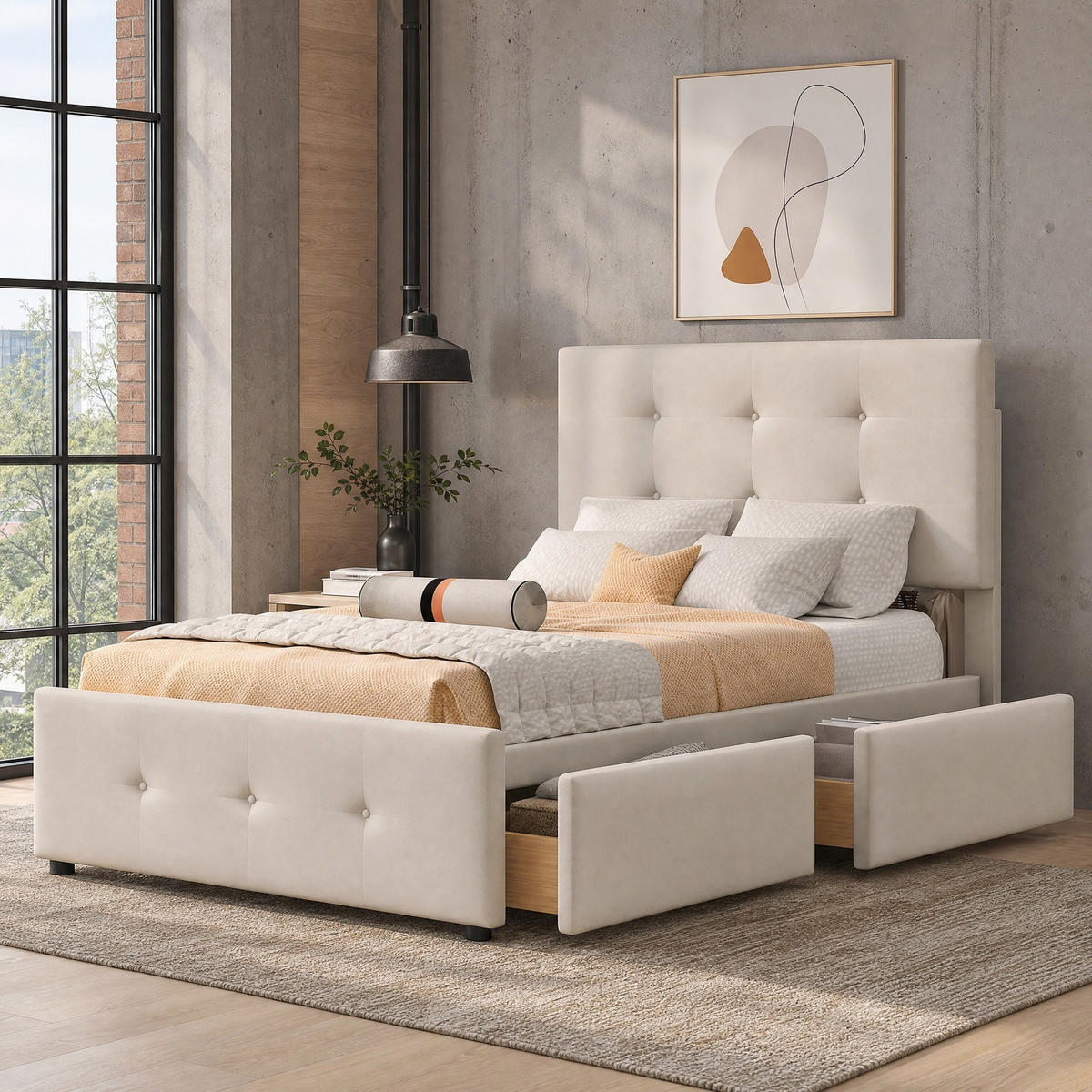 POLSTERBETT 90/200 mit Lattenrost, Rückenlehne und 2 Schubladen in Beige - Beige, Holzwerkstoff/Textil (90/200cm) - EVRYAE