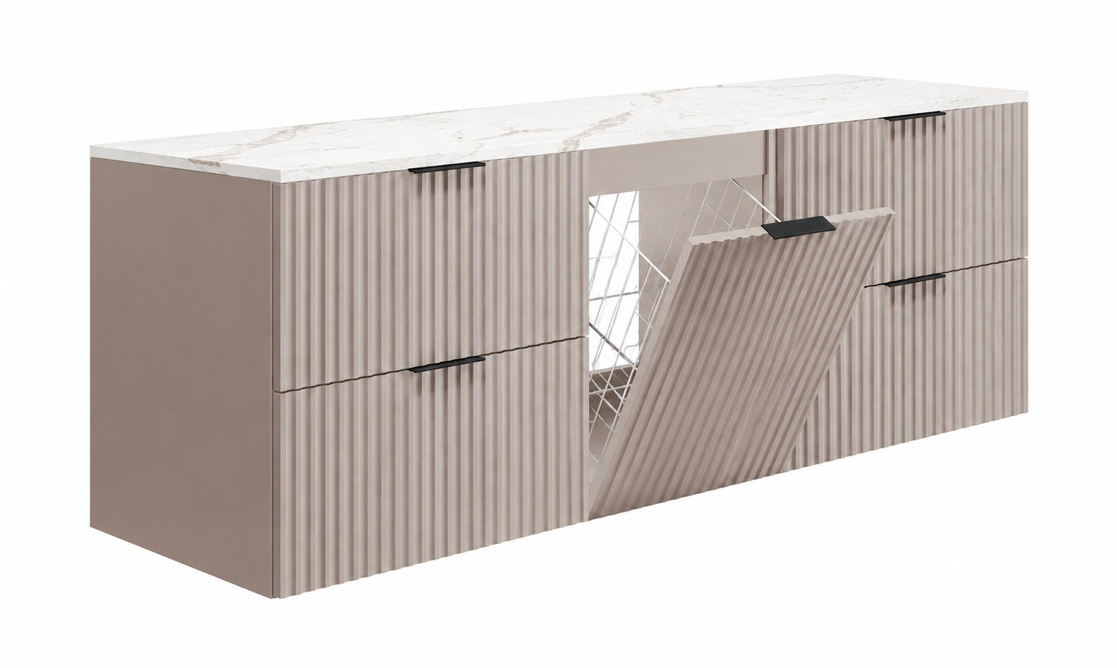 BADMÖBEL-SET MIT WÄSCHEKORB: Kaschmir / Platte Marmor Bianco, Griffe Schwarz, 160 x 46 x 57 cm - Kaschmir/Creme, Holzwerkstoff (160/57/46cm) - 3XE LIVING