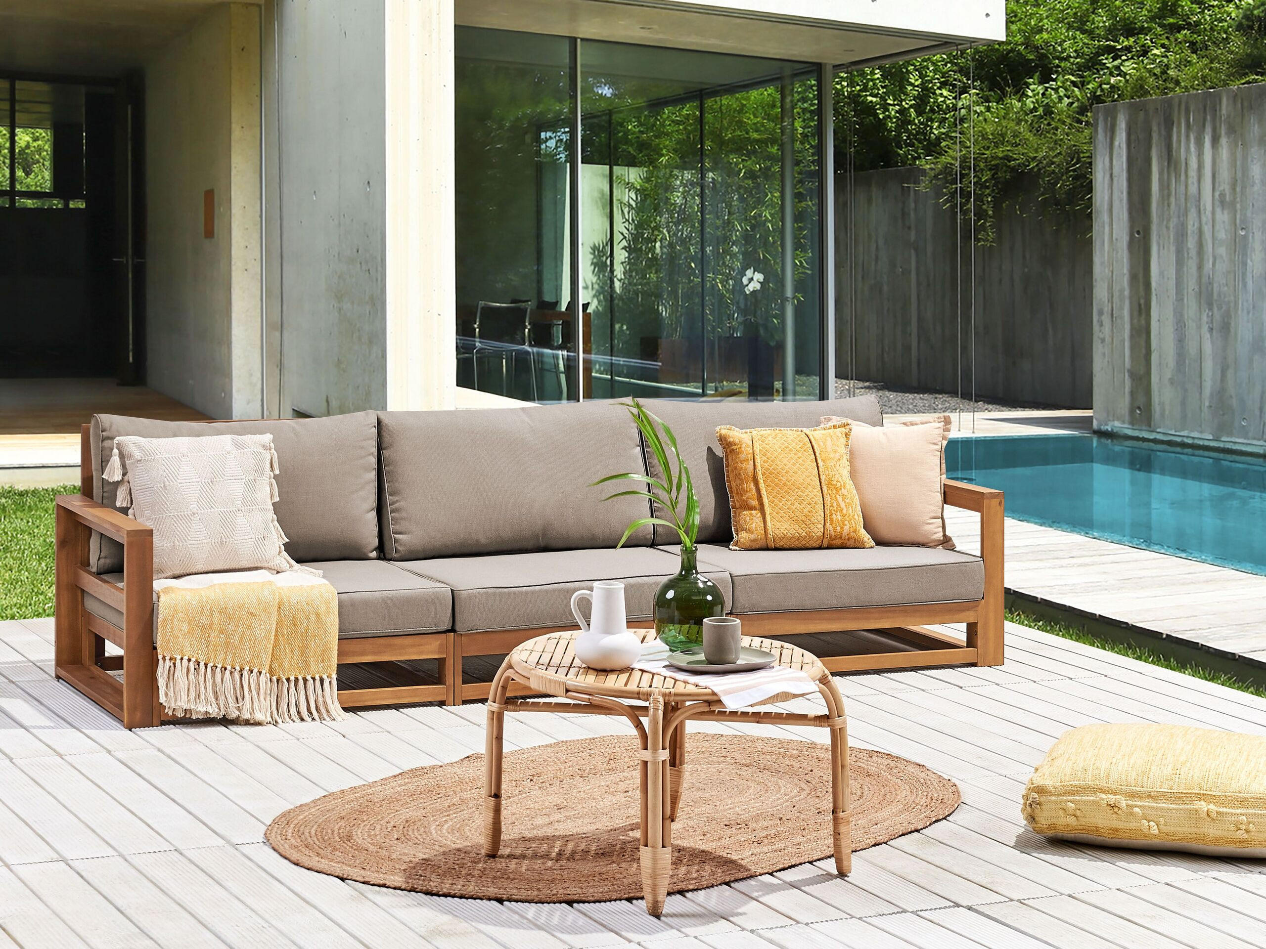 3-SITZER-GARTENSOFA Zertifiziertes Akazienholz hellbraun modular Auflagen taupe Timor II - Hellbraun/Beige, Holz (269/72/75cm) - Beliani