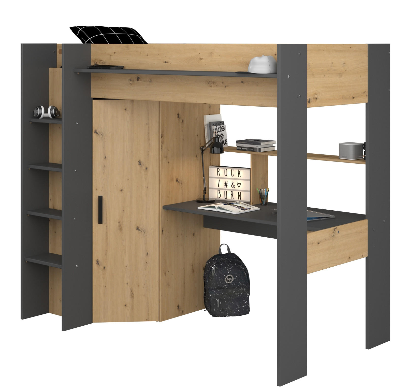 HOCHBETT mit Schreibtisch und Kleiderschrank Bett 90 x 200 cm - Eichefarben/Dunkelgrau, Holzwerkstoff/Kunststoff (90/200cm) - Parisot Meuble