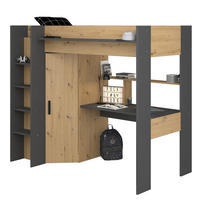 HOCHBETT mit Schreibtisch und Kleiderschrank Bett 90 x 200 cm - Eichefarben/Dunkelgrau, Holzwerkstoff/Kunststoff (90/200cm) - Parisot Meuble