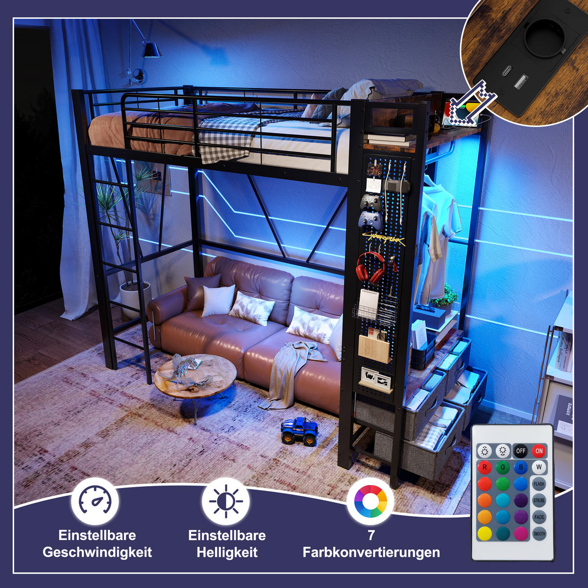 HOCHBETT 90x200cm Schwarz Metall Trockenstab 4 Schubladen USB-C LED - Schwarz, Metall (90/200cm) - FLIEKS