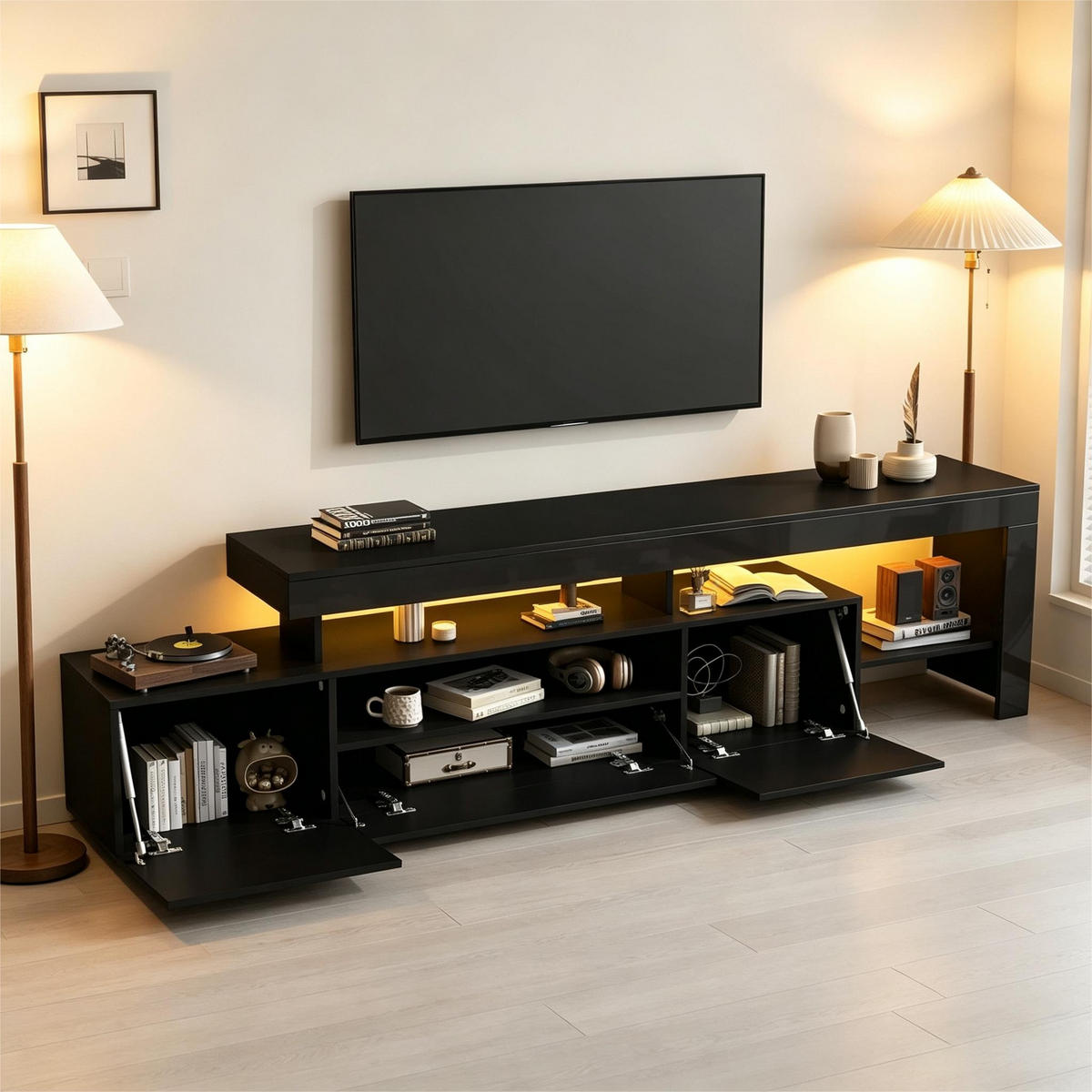 TV-SCHRANK 192/37/53 cm Schwarz mit LED und 3 schränke - Schwarz, Holzwerkstoff (192/53/37cm) - Oxeza