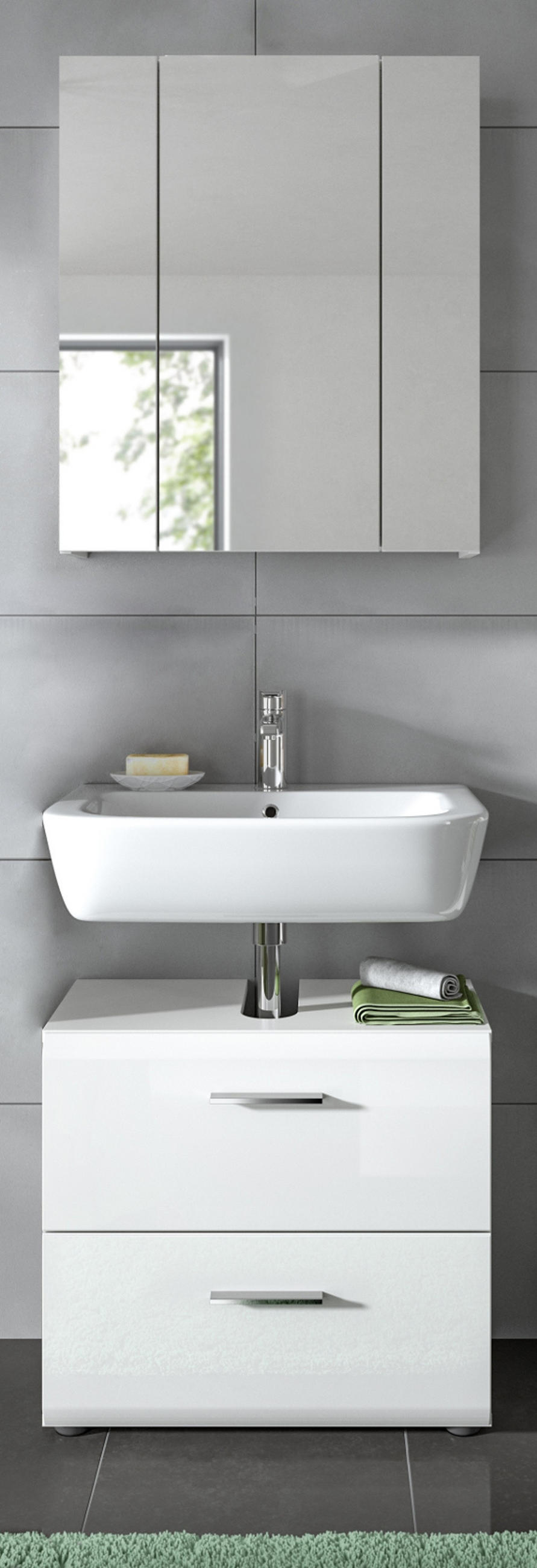 BADMÖBEL-SET weiß Hochglanz, Badkombination 2-teilig 60 cm - Weiß Hochglanz/Silberfarben, Glas/Holzwerkstoff (60/185/30cm) - Inn.Furn