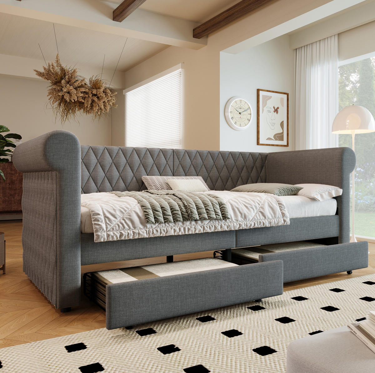 BETT mit Kopfteil 90/200 cm in Grau – mit 2 Schubladen und inkl. Lattenrost - Grau, Textil (90/200cm) - BEAOK