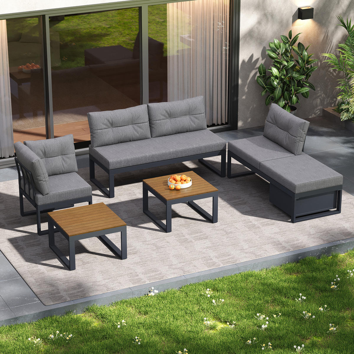 GARTENLOUNGE-SET Gartenmöbelset mit 3-stufig verstellbarer Rückenlehne wetterfester - Naturfarben/Grau, Textil/Metall - STILVORA