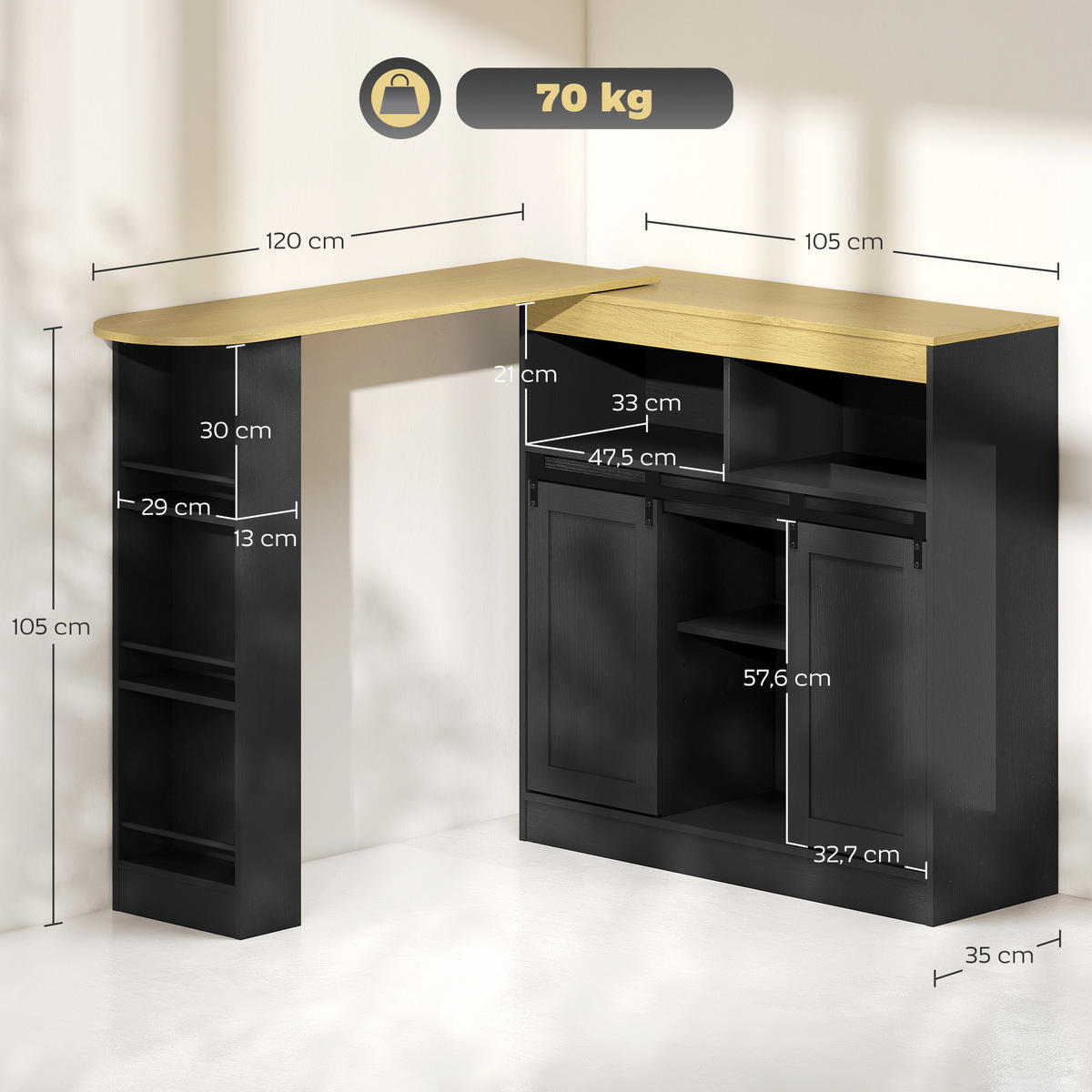 Ausziehbarer-Bartisch Spanplatte MDF Schwarz - Schwarz, Holzwerkstoff (187.5/35/105cm) - HOMCOM