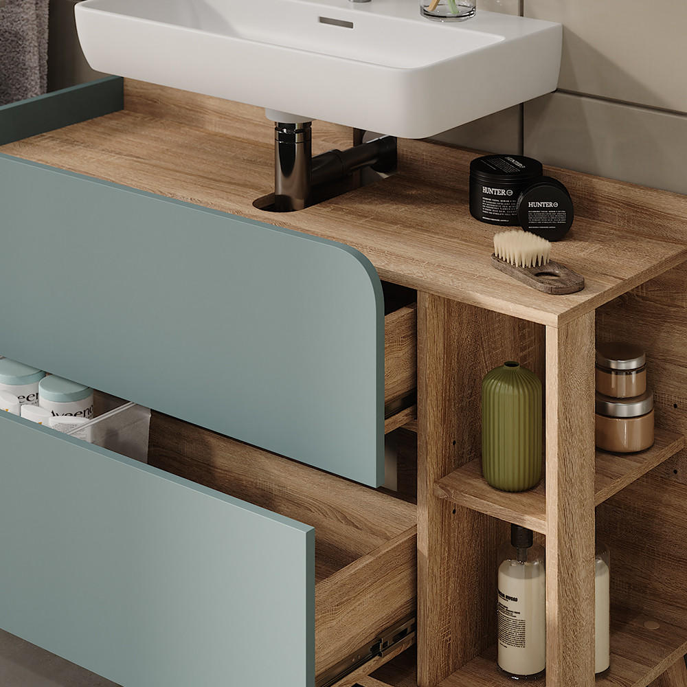 WASCHBECKENUNTERSCHRANK Karen Sonoma/Blau 100 x 65 cm mit 2 Schubladen - Dunkelblau/Sonoma Eiche, Holzwerkstoff (100/65/35cm) - Vicco