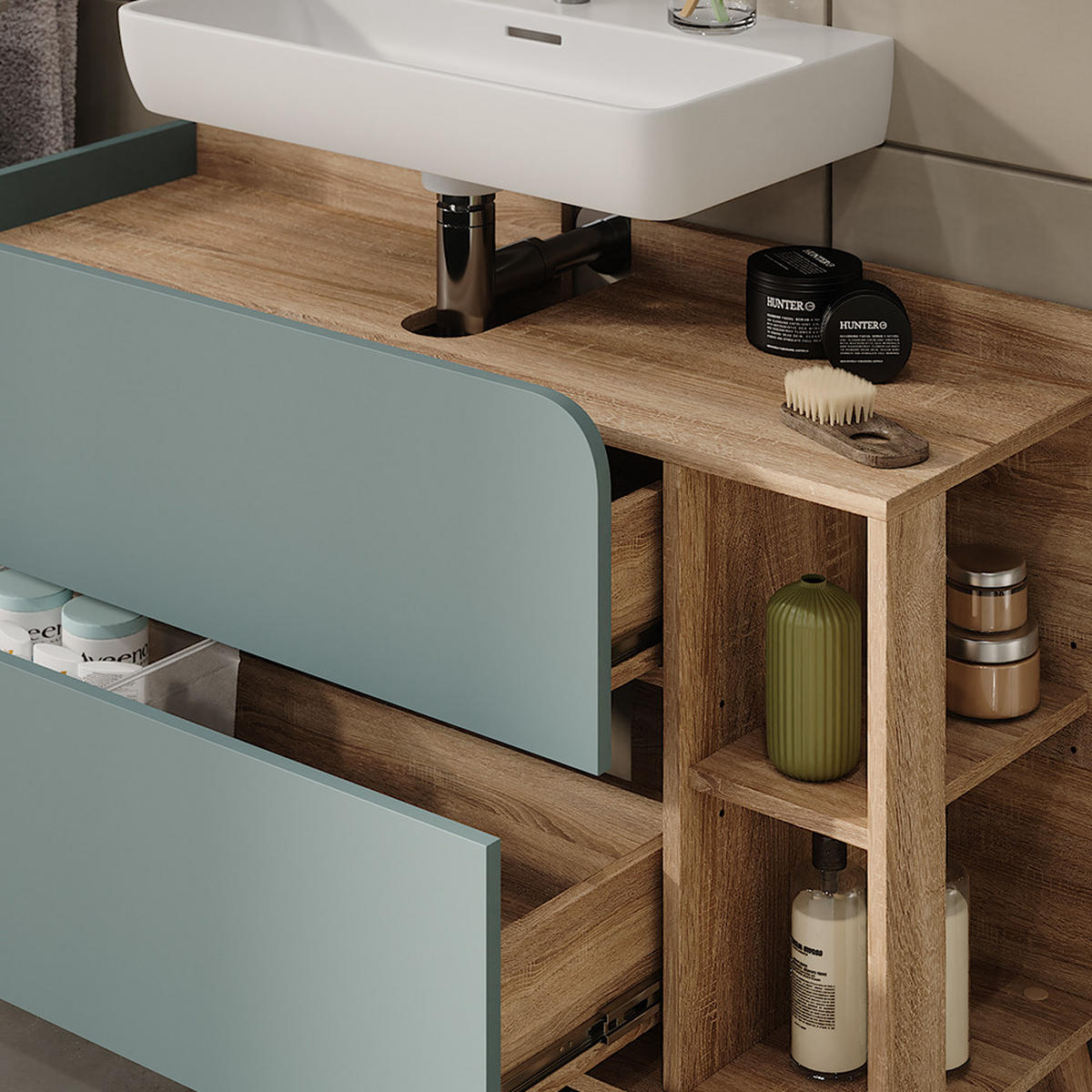 WASCHBECKENUNTERSCHRANK Karen Sonoma/Blau 100 x 65 cm mit 2 Schubladen - Blau, Holzwerkstoff (100/65/35cm) - Vicco