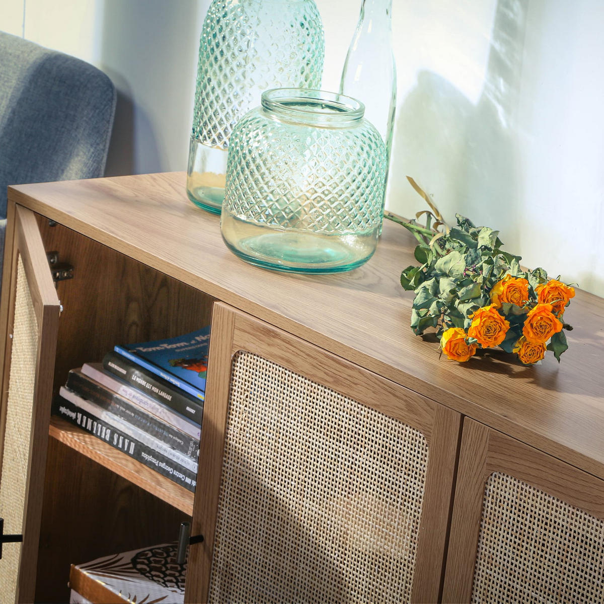 SIDEBOARD mit 3 Türen aus Rattan - L120 cm - Apfelbaumfarben, Holzwerkstoff (40/72/120cm) - Calicosy