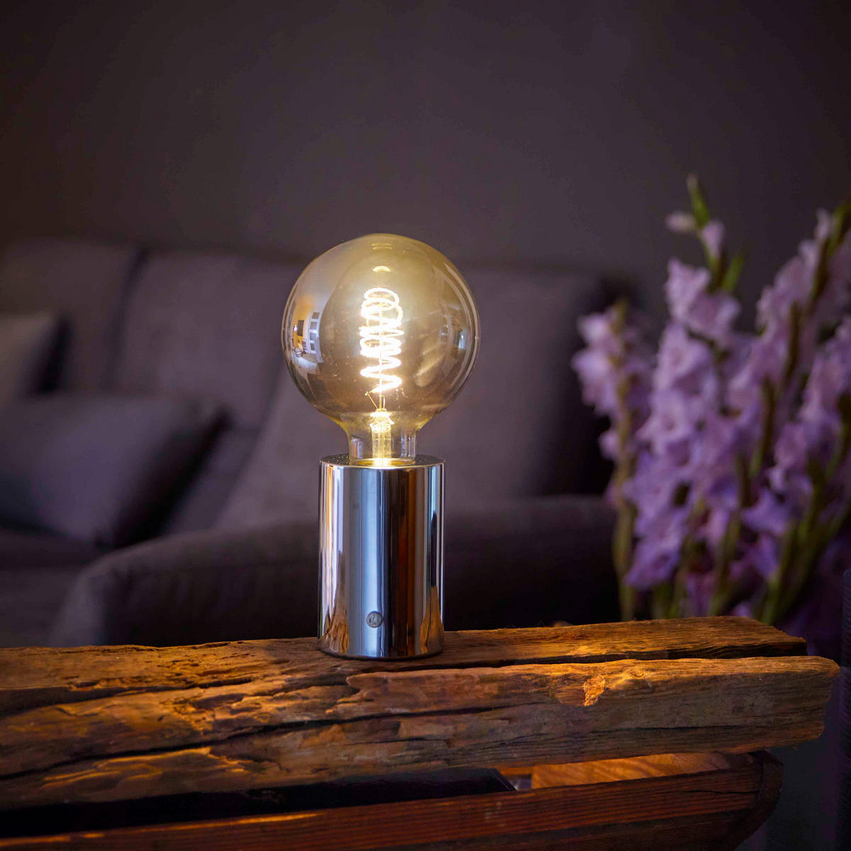LED-AKKU-TISCHLAMPE - dimmbar in Eddison Optik mit Touch-Dimmer und warmweißem Licht - Chromfarben, Metall (12.5/12.5/26cm) - Northpoint