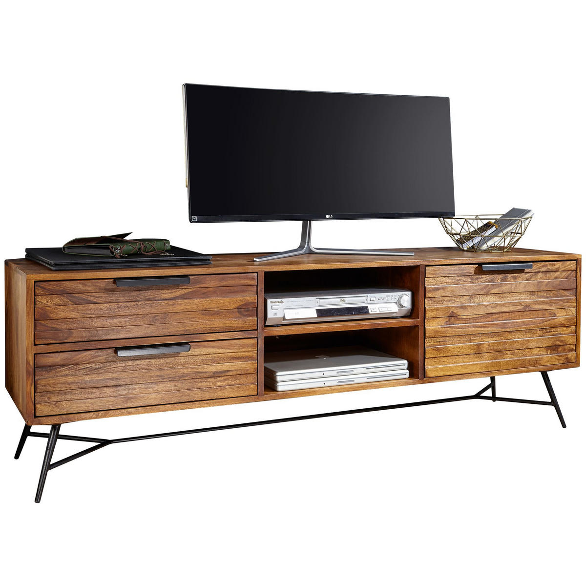 LOWBOARD Massivholz Industrial Stil 160x54x40 cm Modell NISHAN - Schwarz/Braun, Holz/Metall (160/54/40cm) - KADIMA DESIGN