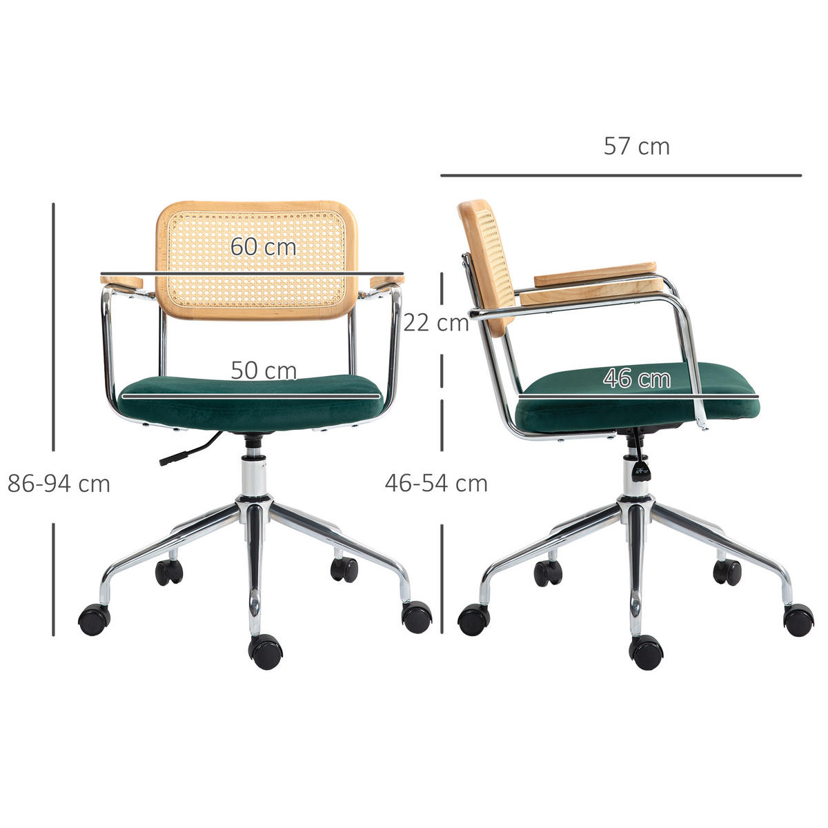 BÜROSTUHL, Schreibtischstuhl mit Rattanoptik, Wippfunktion für Home Office, Grün - Grün, Kunststoff (57/94/60cm) - HOMCOM