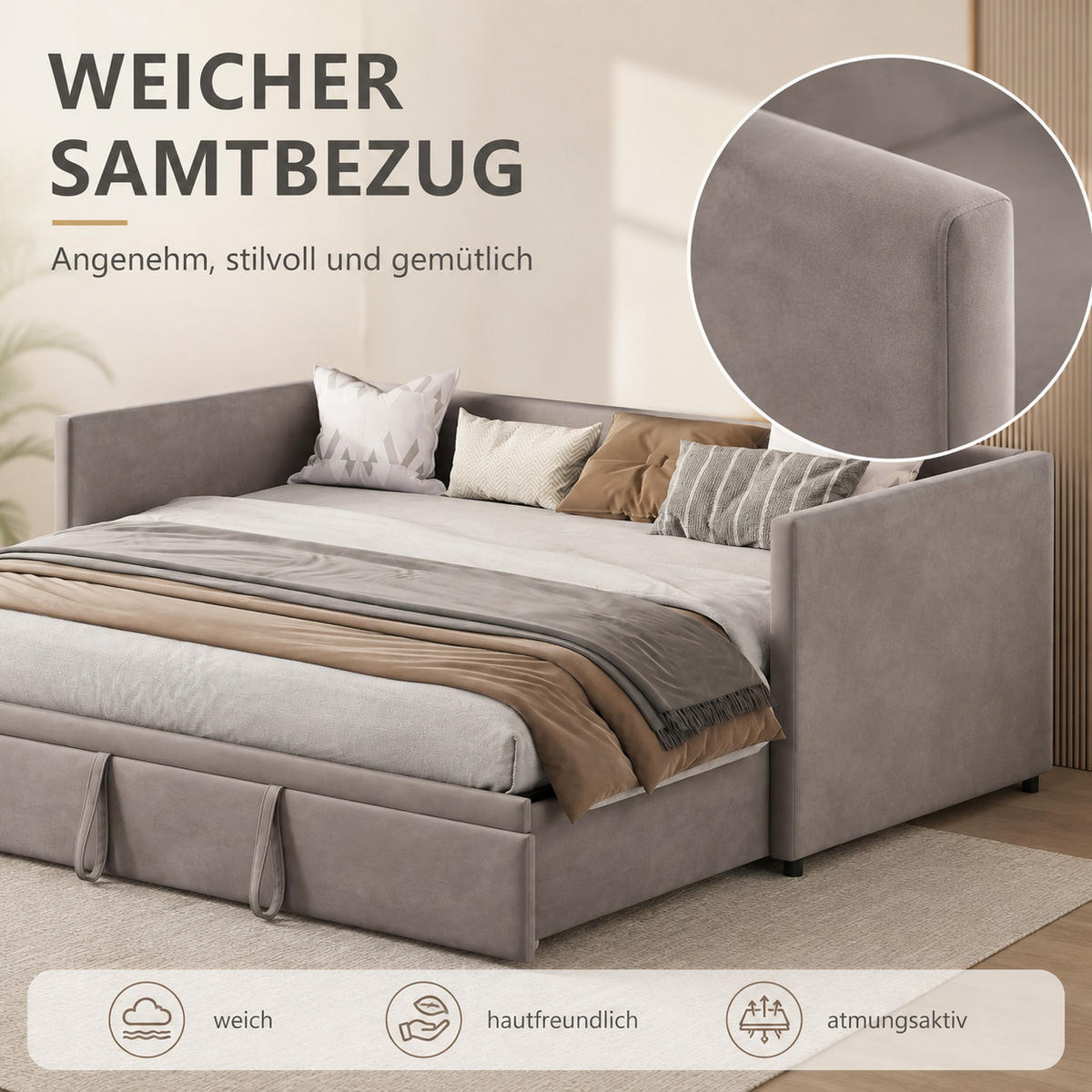 SCHLAFSOFA Samt grau ausziehbar mit Gästebett Funktion 3-fach umwandelbar Tagesbett mit Rollen - Grau, Metall (183/74/213cm) - Joyfair
